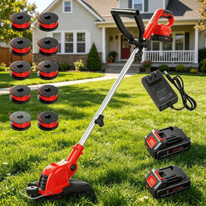 12-Inch Red Cordless String Trimmer Grass Trimmer 90 Degree Rotatable Head, Auto Line Feed System