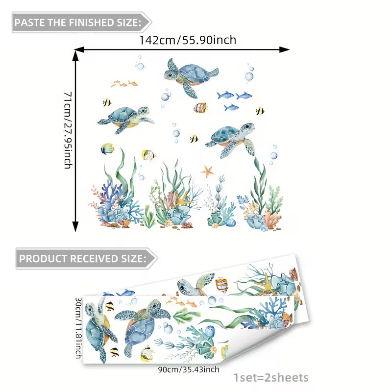 A set of two sea creatures sea turtles seaweed wall stickers spring home decor stickers
