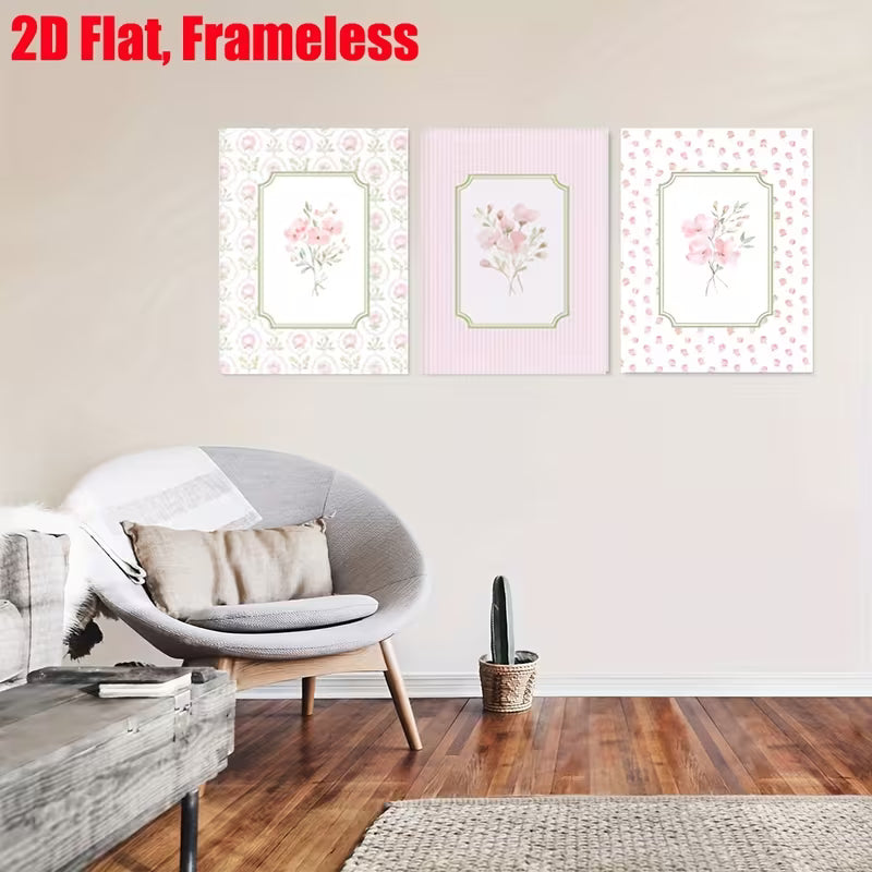 2D Flat, 2D Flat, Frameless, 3pcs, Pink Floral Set, Pink