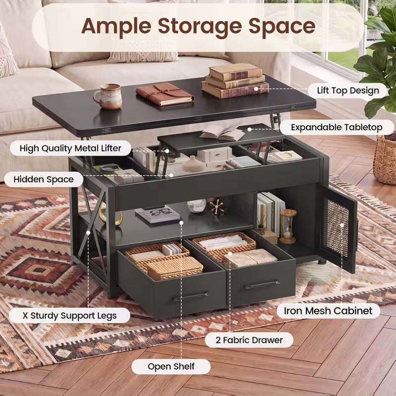 39.4" Lift Top Coffee Table with 2 Fabric Drawers, Center Table with LED Lights And Storage Cabinet