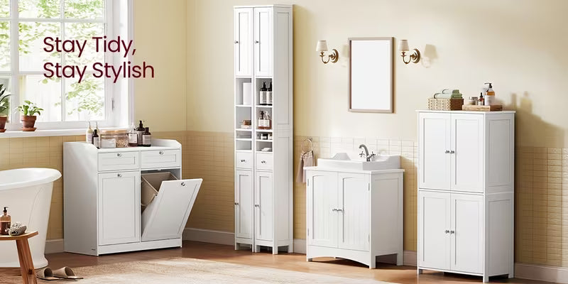Floor Storage Cabinet, Shaker Style Cabinet with 2 Adjustable Shelves, 4 Doors