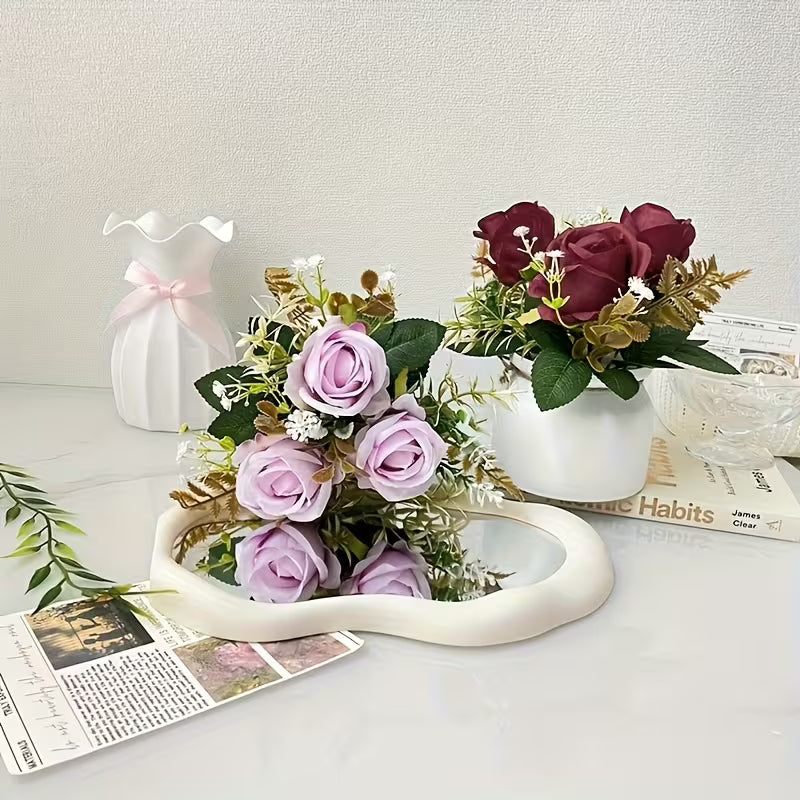 Artificial Rose Potted Plant, Faux Rose Bonsai, Plastic Pot Indoor Desktop Decoration - Room
