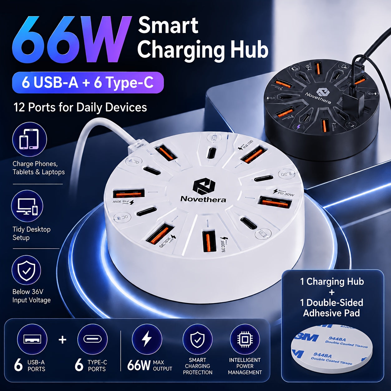 66W 12-Port USB And Type-C Charging Hub Combo Set (6+6)
