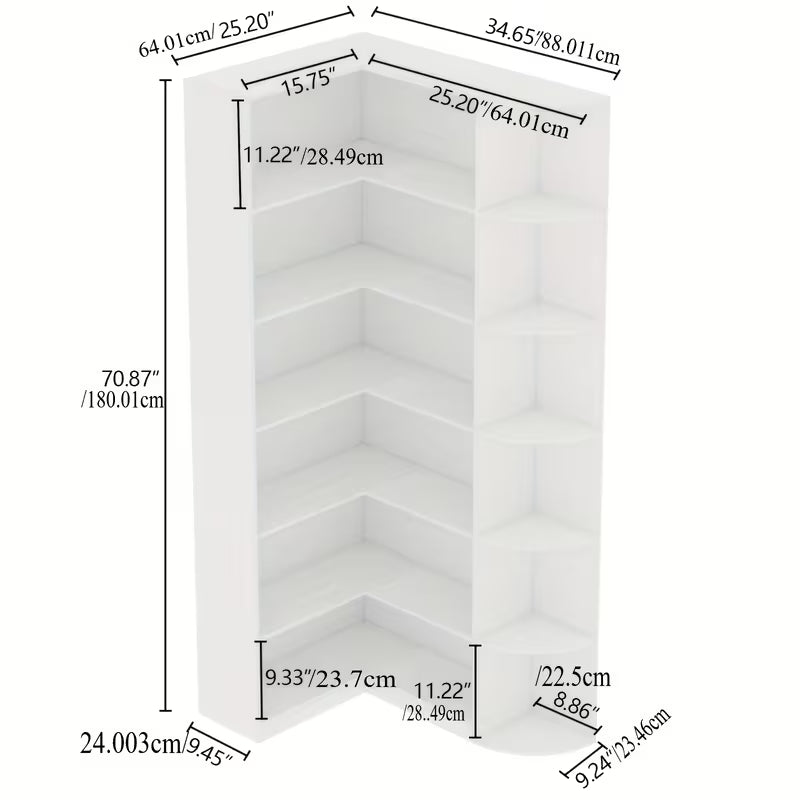 Contemporary 71-Inch Tall Bookshelf, a Standalone Corner Unit, Finished in an Elegant White