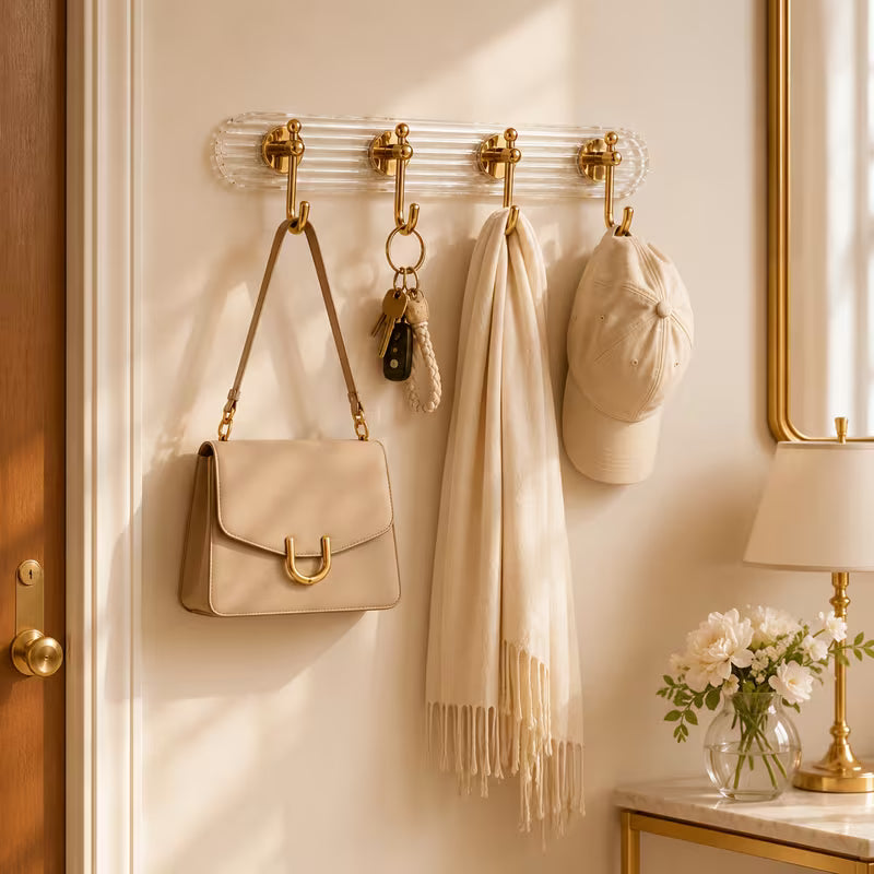 No-Drill Adhesive Wall-Mounted Hook, Acrylic Rose Golden Towel And Clothing Rack, Transparent