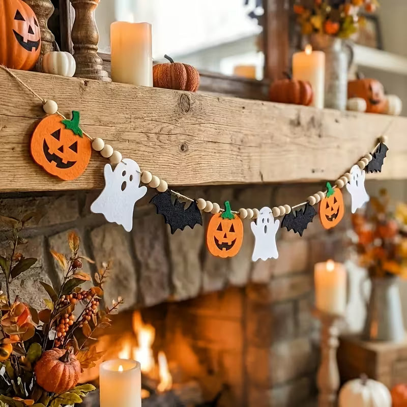 Pre-Assembled Soft Felt Garland with Pumpkins, Ghosts & Bats Pompoms