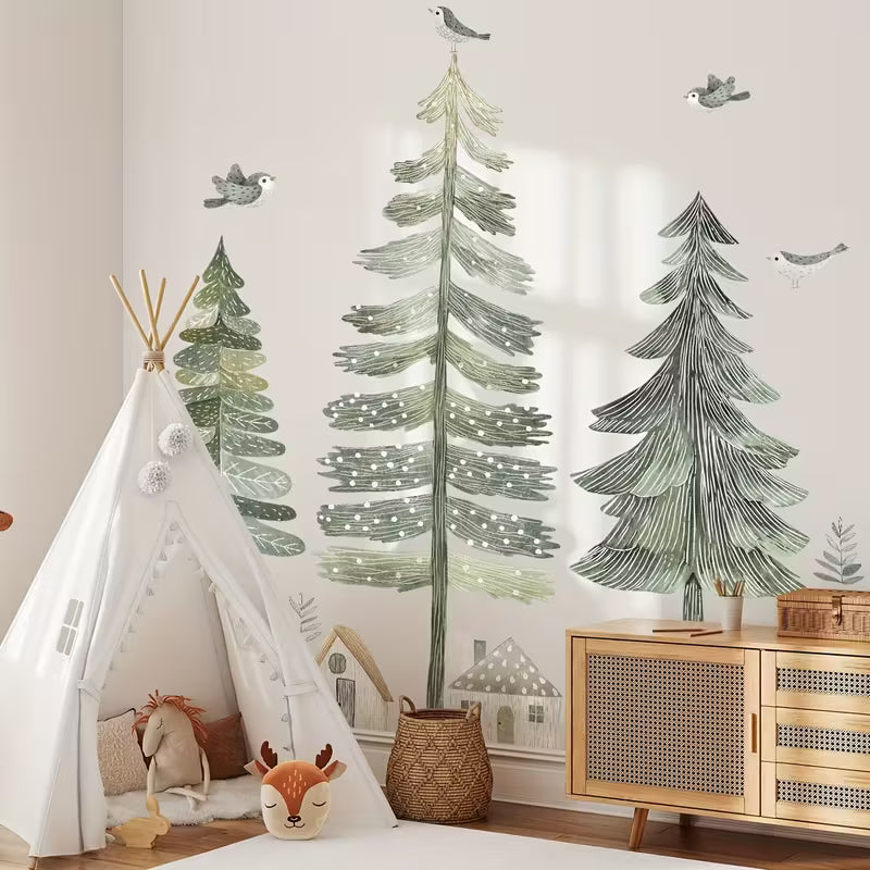 Sheets (11.81*35.43inch*2pcs) Hand-Painted Pine Tree Village Bird Wall Stickers Living Set