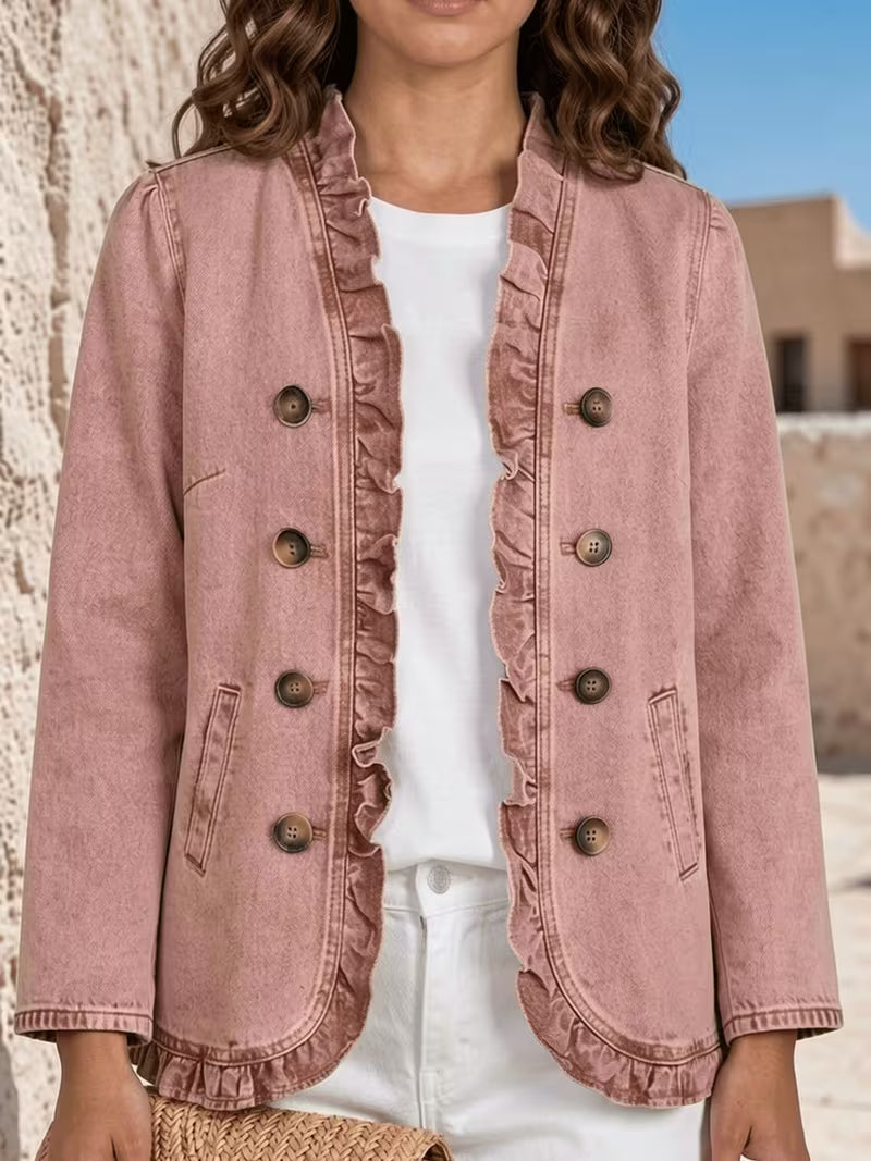 CHERRYBETTY Solid Ruffle Trim Denim Jacket, Women'S Tops And Blouses, Western Pink Denim Jacket