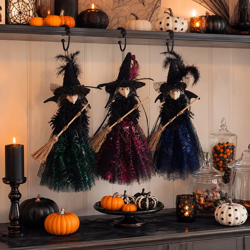 3pcs Gothic Witch Ornament with Faux Feather Hat & Shimmering Spiderweb Dress