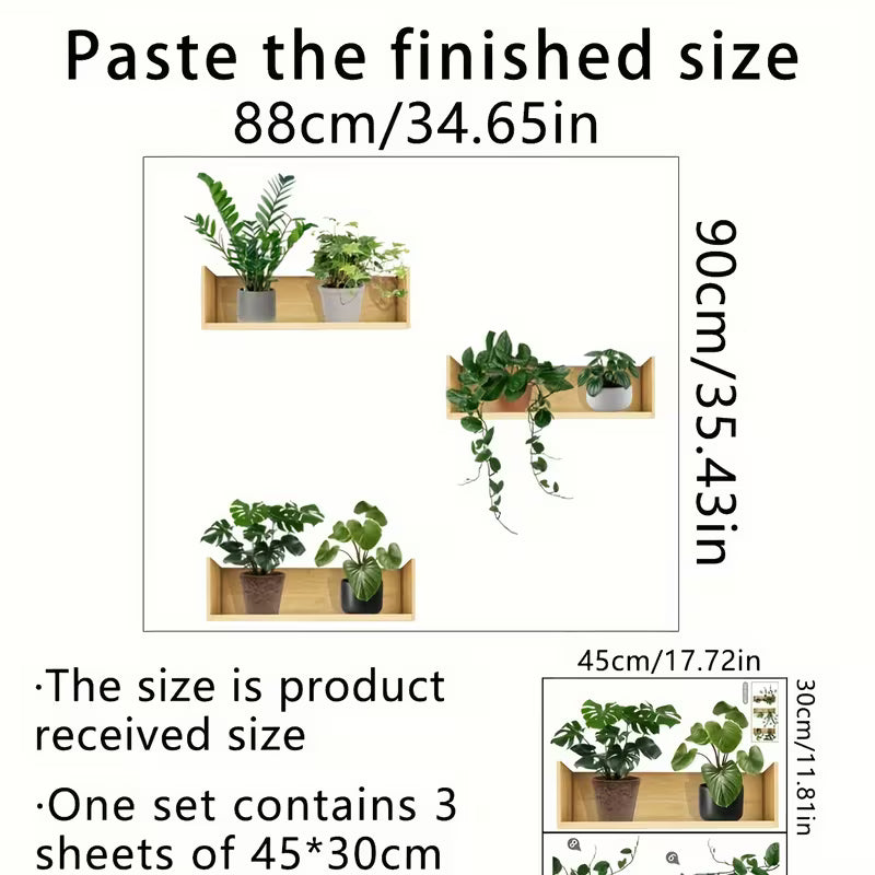 A Set of 3 Potted Plant Shelf Wall Decals for Living Room and Room Background Wall Decoration