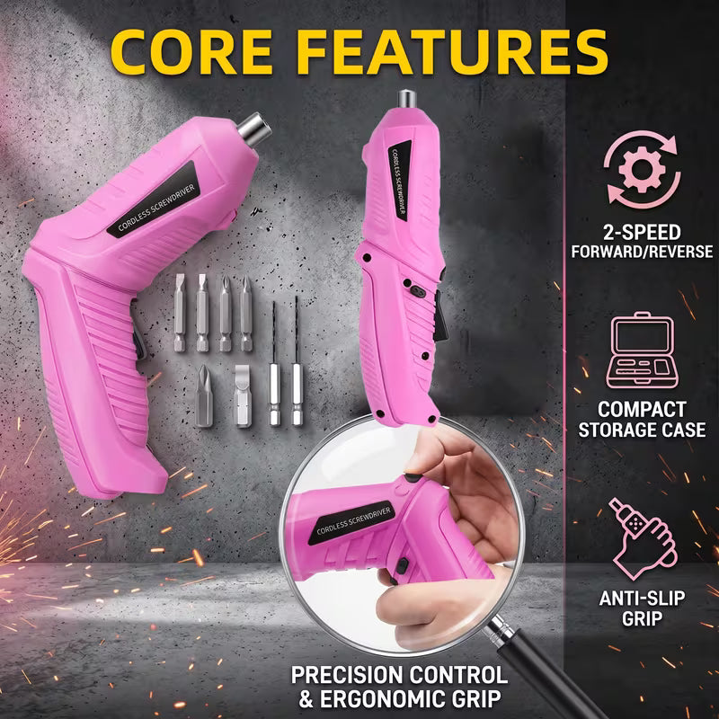 Electric Screwdriver, Multi-Piece Set, Long-Lasting Battery, with LED Light, Ambidextrous