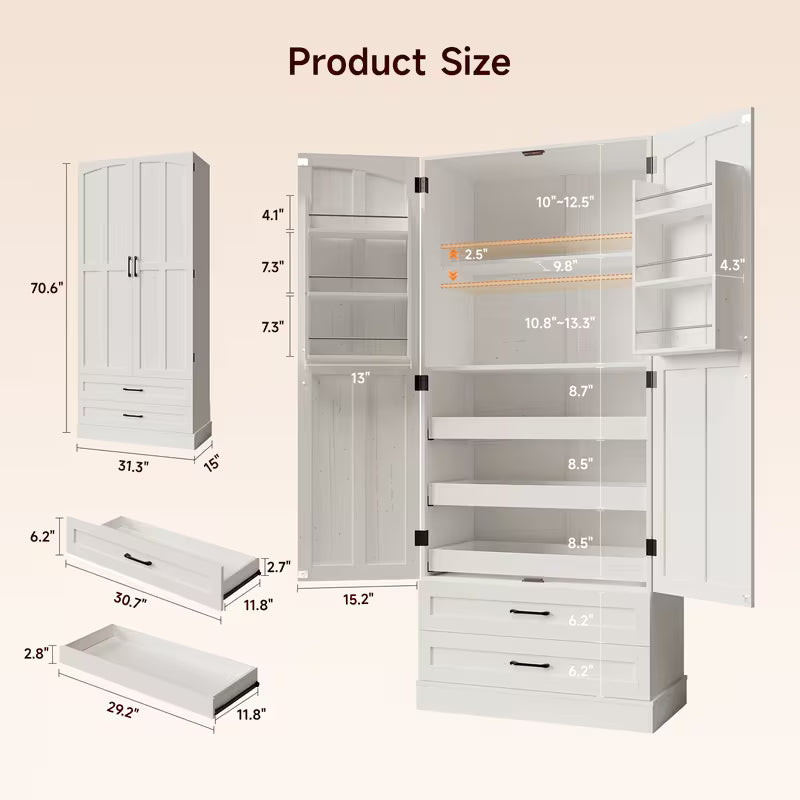 71 Inch Tall Kitchen Pantry Cabinet, Freestanding Wooden Storage Hutch with 3 Pull Out Shelves