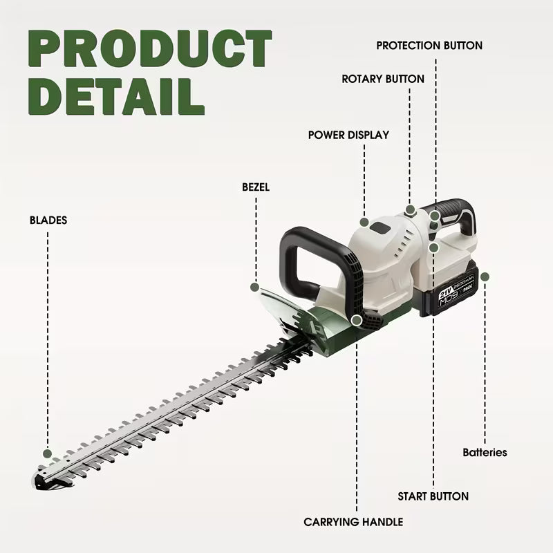 21V Cordless Electric Hedge Trimmer & Bush with 20-Inch Dual-Action Steel Blade