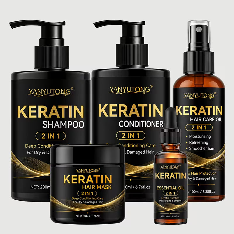 This 2-In-1 Keratin Shampoo And Conditioner 5pcs Set Focuses on Oil Control, Deep Cleansing