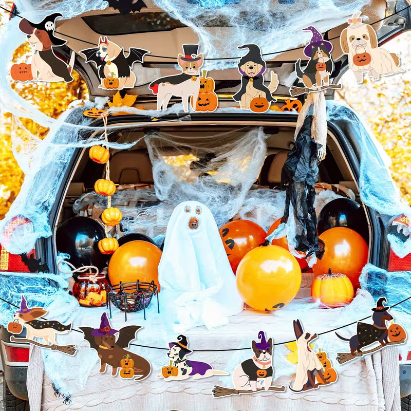 Halloween-Themed Decorations Including a Banner, Garland