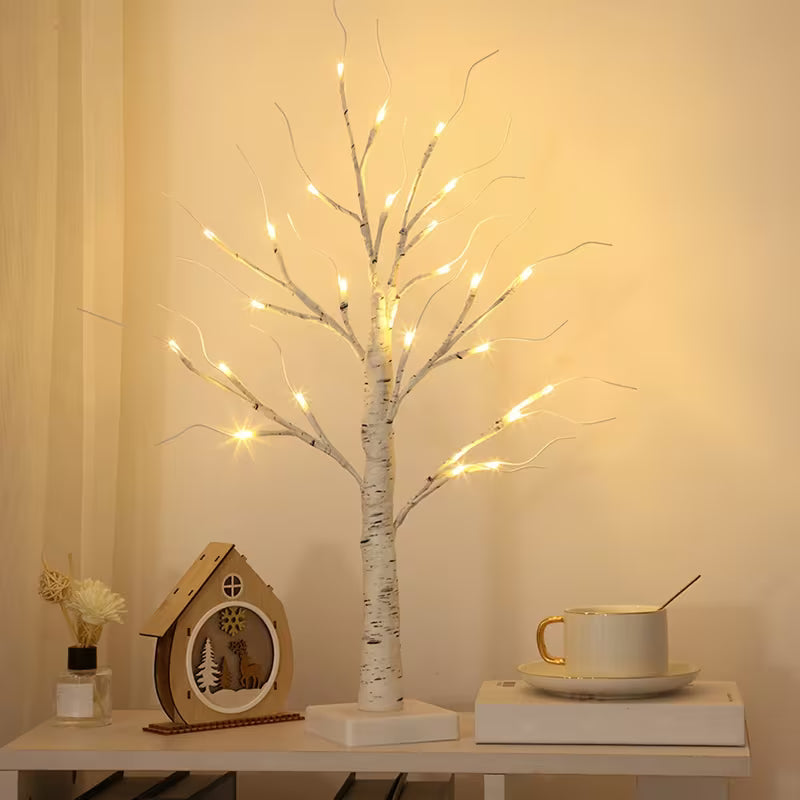 LED Illuminated Birch Tree Light, 3-Section Battery Box/USB, White