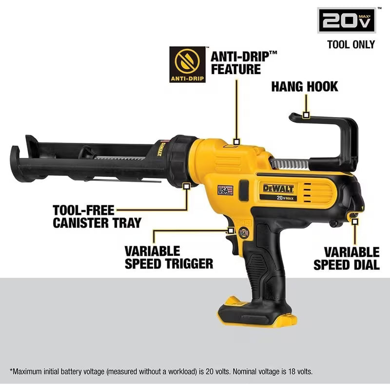 DEWALT 20V MAX Caulking Gun, Cordless, 10oz, Variable Speed Trigger, Interchangeable Canister Trays