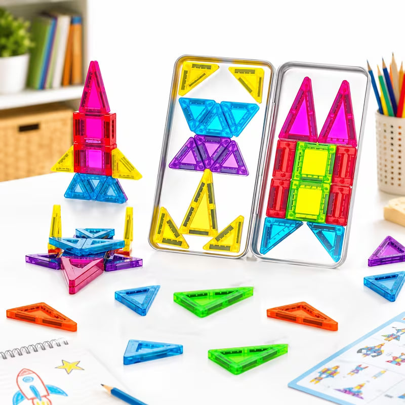 24-Piece Magnetic Building Blocks with Clear Magnets & Colorful Tiles