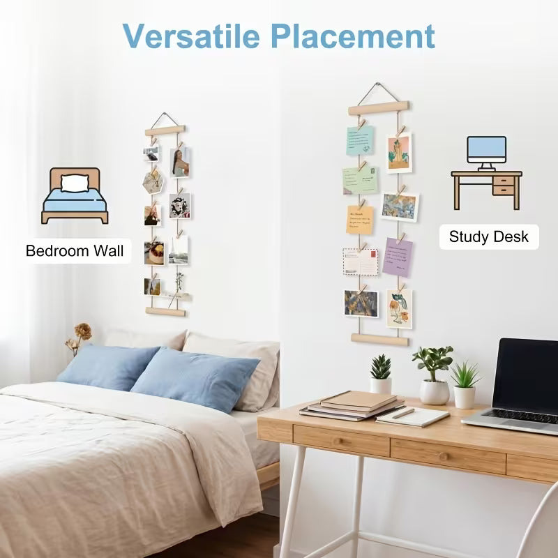 Natural Wood Photo Hanging Rope with Wooden Clips, Multi-Photo Display Rack, No Drilling