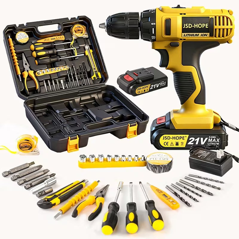 21V Yellow Cordless Impact Drill, 2.0Ah Large Capacity Battery, 10mm Chuck, 70Nm Torque, 1600RPM