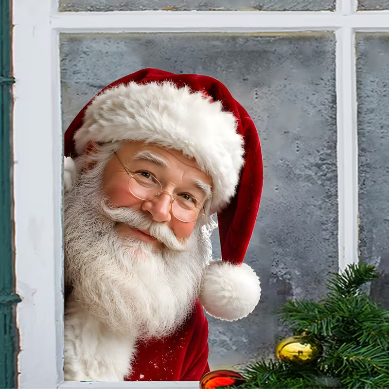 2D Flat - 2D Flat Realistic Peeking Santa Claus Print, Christmas Static Clings Window Sticker