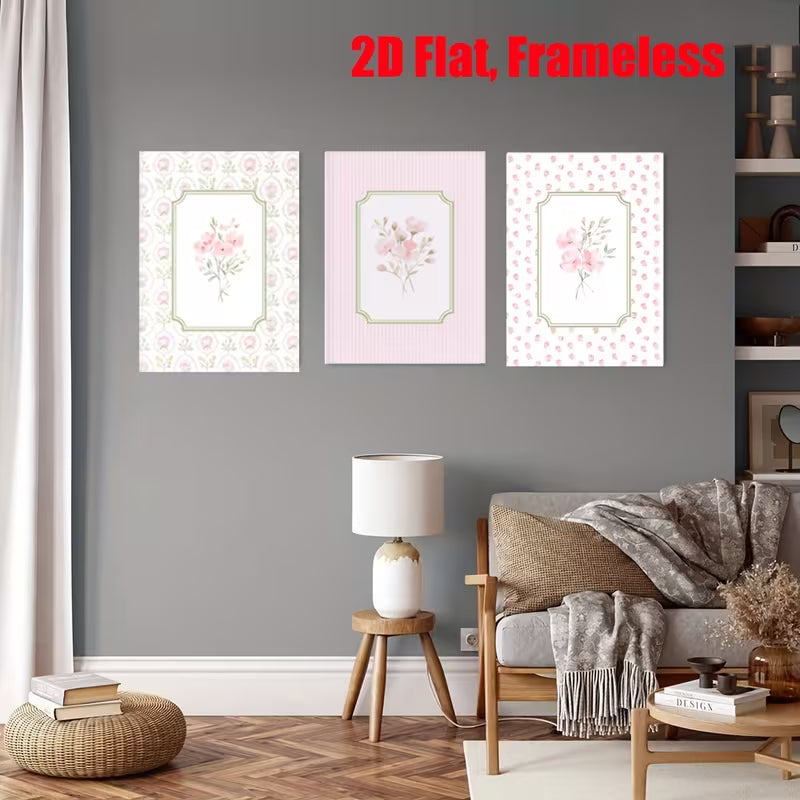 Frameless, 3pcs, Pink Floral Canvas Painting