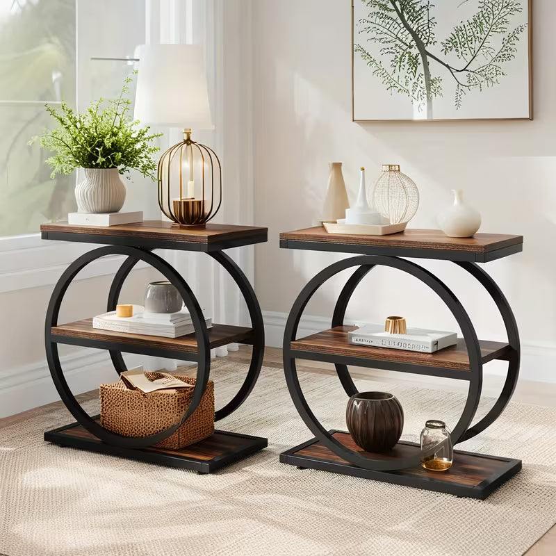 Vintage End Table Set Of 2, Narrow End Table with 3 Storage Shelves, Farmhouse Wooden Side Table
