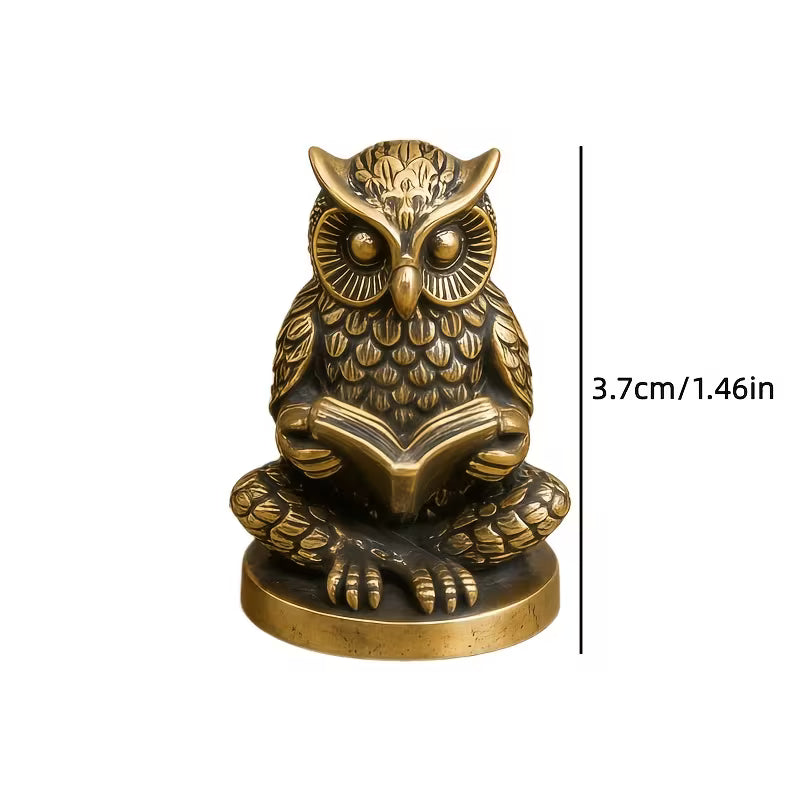 European Vintage Brass Wisdom Owl Reading Ornament, Seated Reading Owl Statue