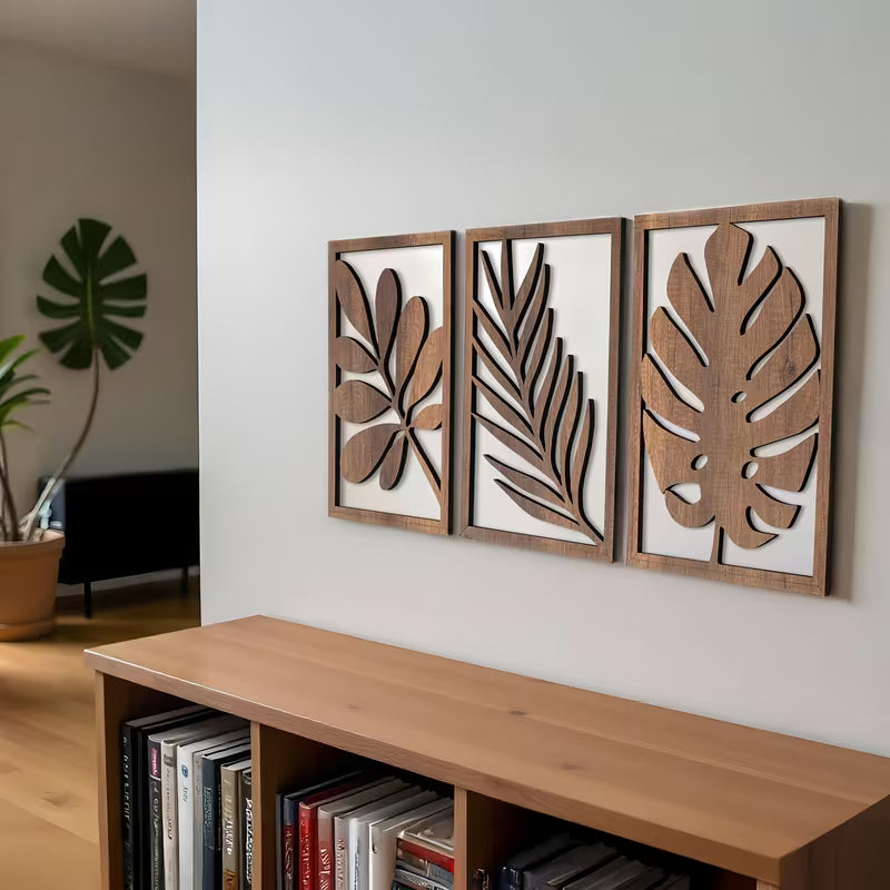 2D Flat 3pcs Set of Wooden Leaf Wall Sculptures, Natural Inspiration Large Wall Art, Easy