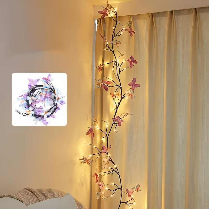 1pc 50-Light Rattan String Light (30 LEDs + 20 Butterflies), USB Powered, 8 Lighting Modes.