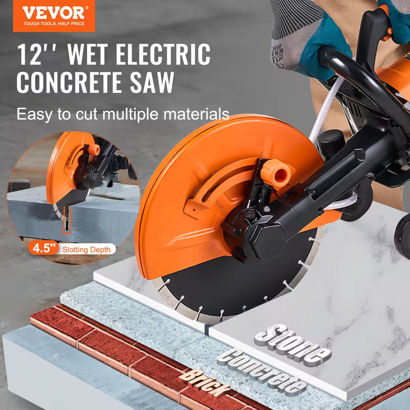 VEVOR Electric Concrete Saw, 12 in, 1800 W Motor Circular Saw Cutter with Max. 4.5 in Adjustable