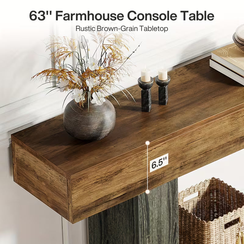 63" Modern Farmhouse Console Table with U-Shaped Base & 2-Tier Shelves