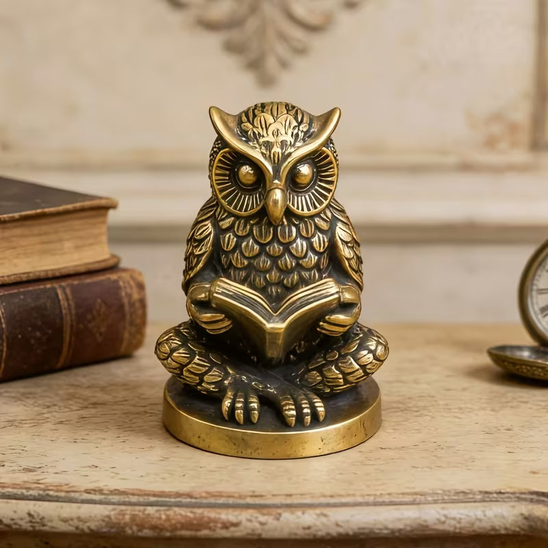 European Vintage Brass Wisdom Owl Reading Ornament, Seated Reading Owl, Brass