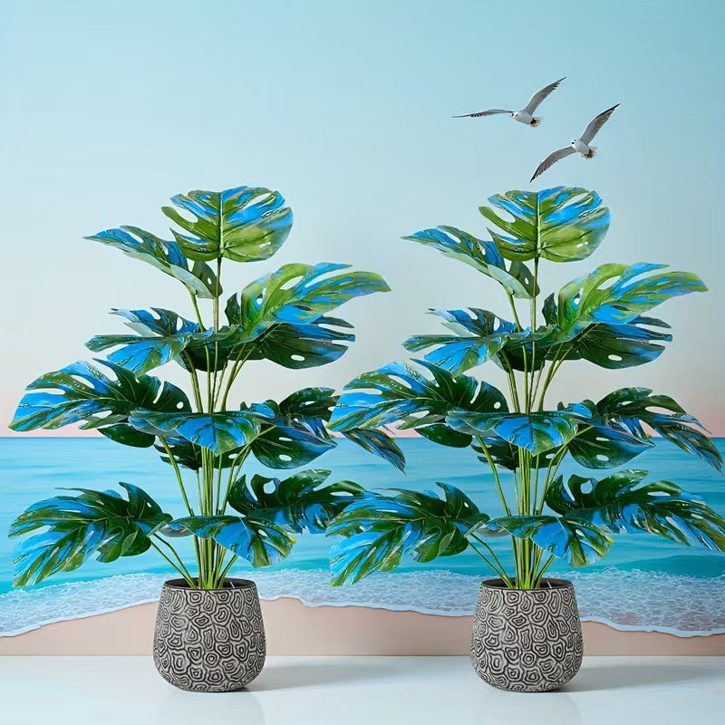 23.62-Inch Large Artificial Green Plant Blue Monstera Tree Set, Blue