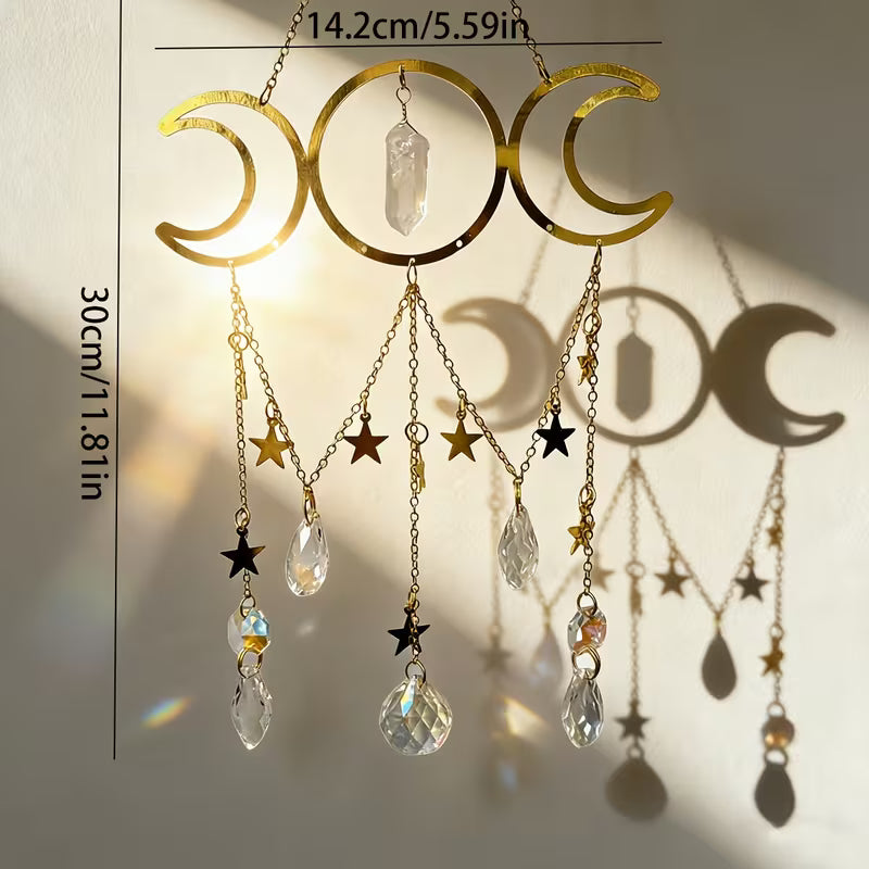 1pc Elegant Crystal Wind Chime with Dreamcatcher, Bohemian Style with Moon, Stars, and Crystal