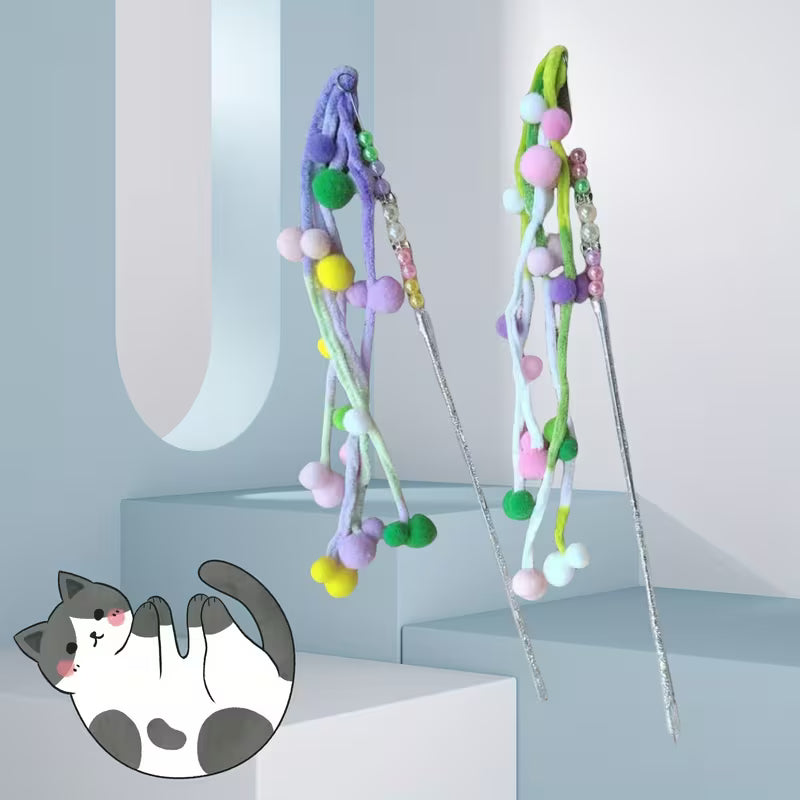 Fuzzy Ball Cat Toy Sticks, Colorful Plush Balls, Iridescent Beads Set