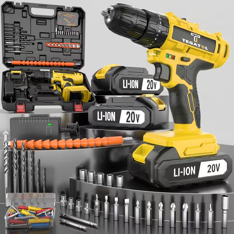 Heavy Duty 20V Cordless Drill Drills Through Wood Metal Concrete, Power Tool Set