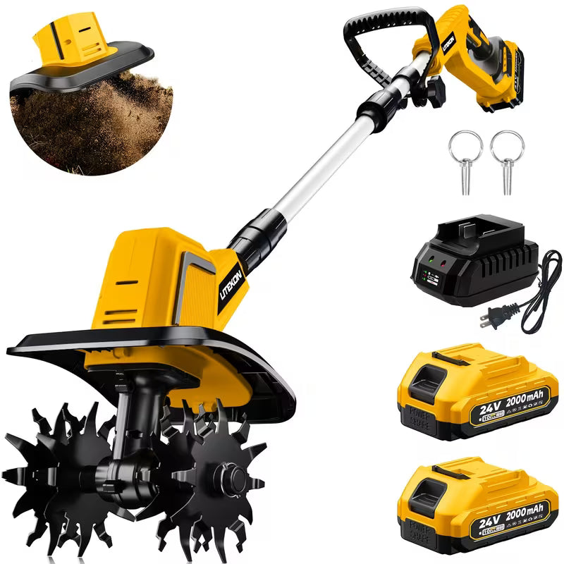 Litekon 24V Cordless Tiller Cultivator, 360RPM Electric Garden Tiller