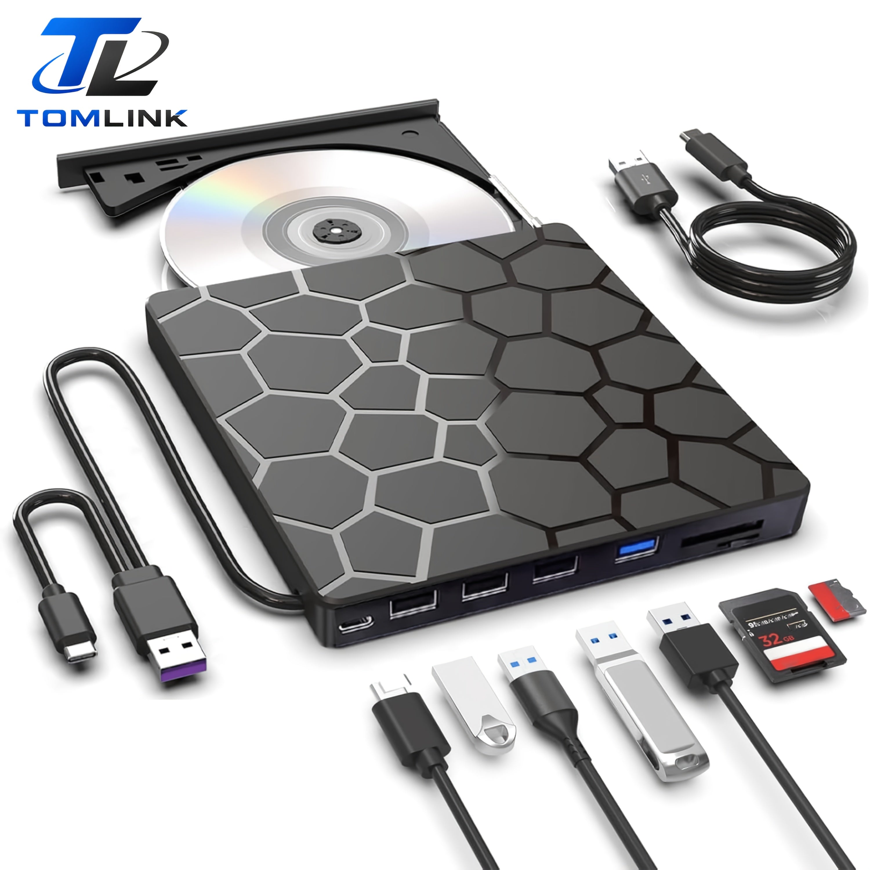8-In-1 External CD/DVD Optical Drive Built