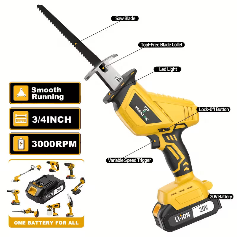 Newly Upgraded Electric Reciprocating Saw, Wireless HandSaw with LED Light and Safety Lock