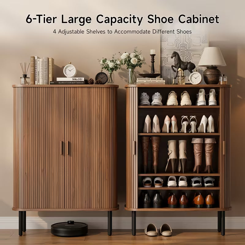 PAZCASA 6-Tier Shoe Cabinet with Sliding Door, Wooden Shoe Storage Cabinet with Adjustable Shelves