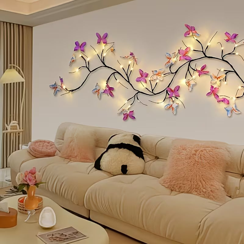 1pc 50-Light Rattan String Light (30 LEDs + 20 Butterflies), USB Powered, 8 Lighting Modes.