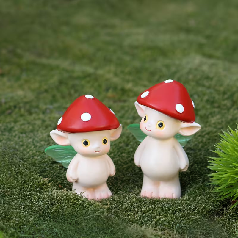 2pcs Off-White Mushroom Fairy Resin Statues