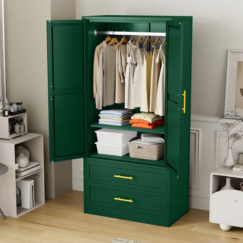 Mxa 71.39 "H metal storage cabinet with armrests, 2 drawers, adjustable shelves, clothesline