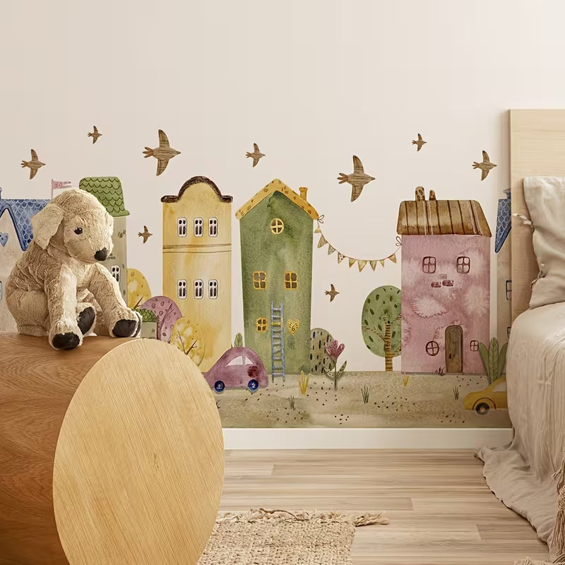 1pc Hand-Painted Tale Town Wall Sticker, Cozy Building Scenery Stickers for Room Baseboard