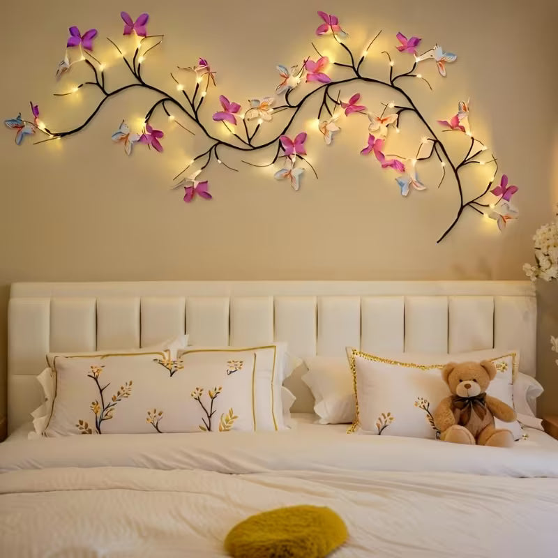 1pc 50-Light Rattan String Light (30 LEDs + 20 Butterflies), USB Powered, 8 Lighting Modes.