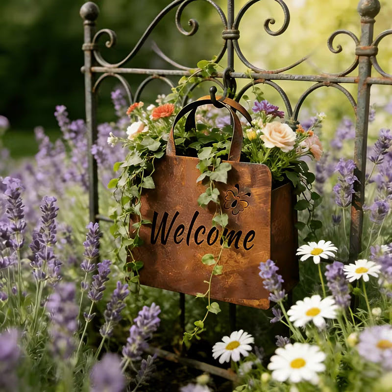1pc Vintage Iron Handbag Garden Statue with Hello & Welcome Sign