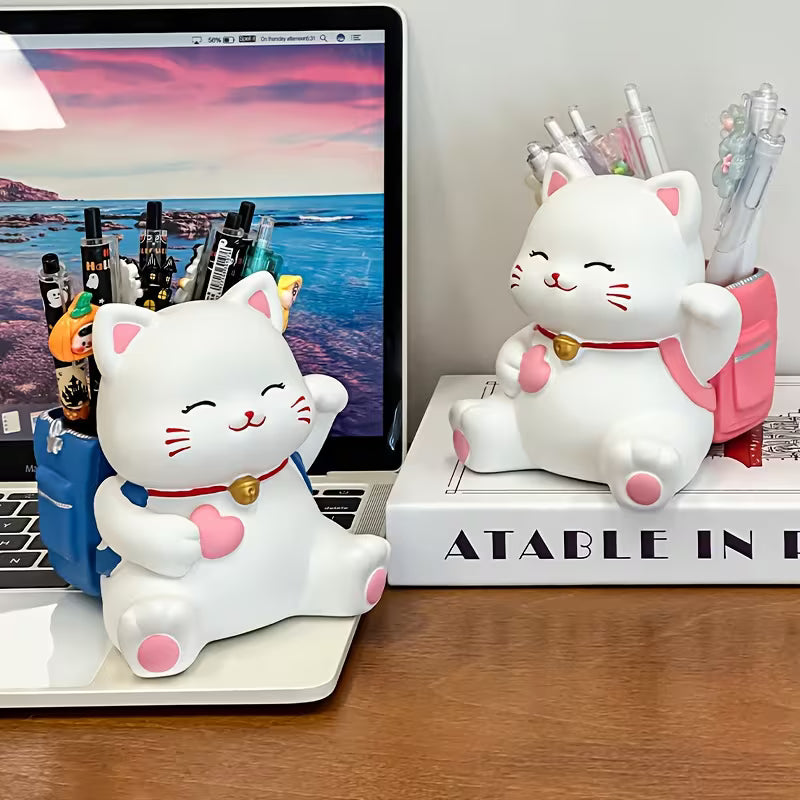 A 1pc Anime Lucky Cat Pen Holder And Storage Container, a Cute Lucky Statue, a Great Office
