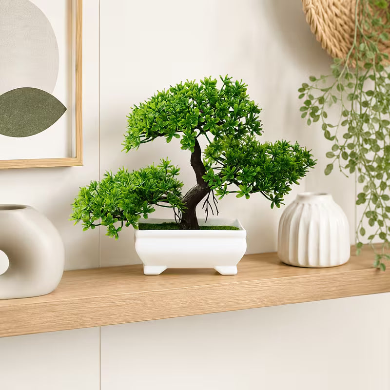 1pc Green Faux Juniper Bonsai with White Pot, Welcome Pine Shaped Mini Desktop Greenery Ornament
