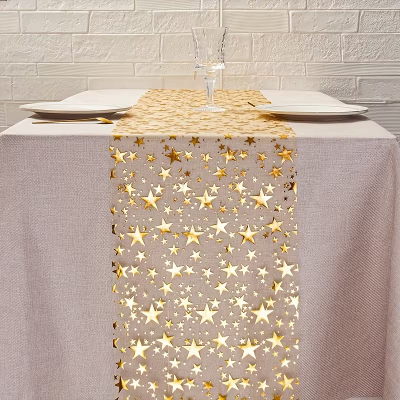 Golden Foil Star Table Runner 11x108" - Metallic Polyester Fabric for Restaurant, Hotel Christmas